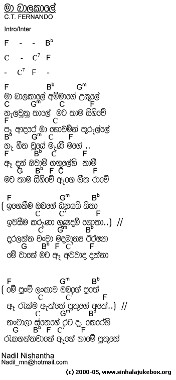 Lyrics : Maa Bala Kale - Priyantha Fernando